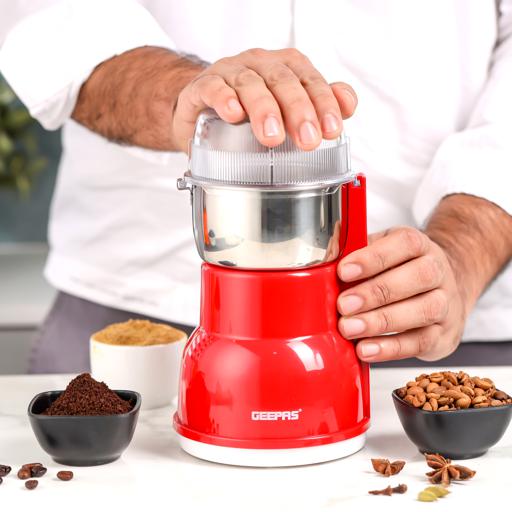 Geepas Coffee Grinder | 250W Motor with Overheat Protection| Strong Stainless Steel Cutting Blades| Unique Design | Ideal for Spices, Nuts