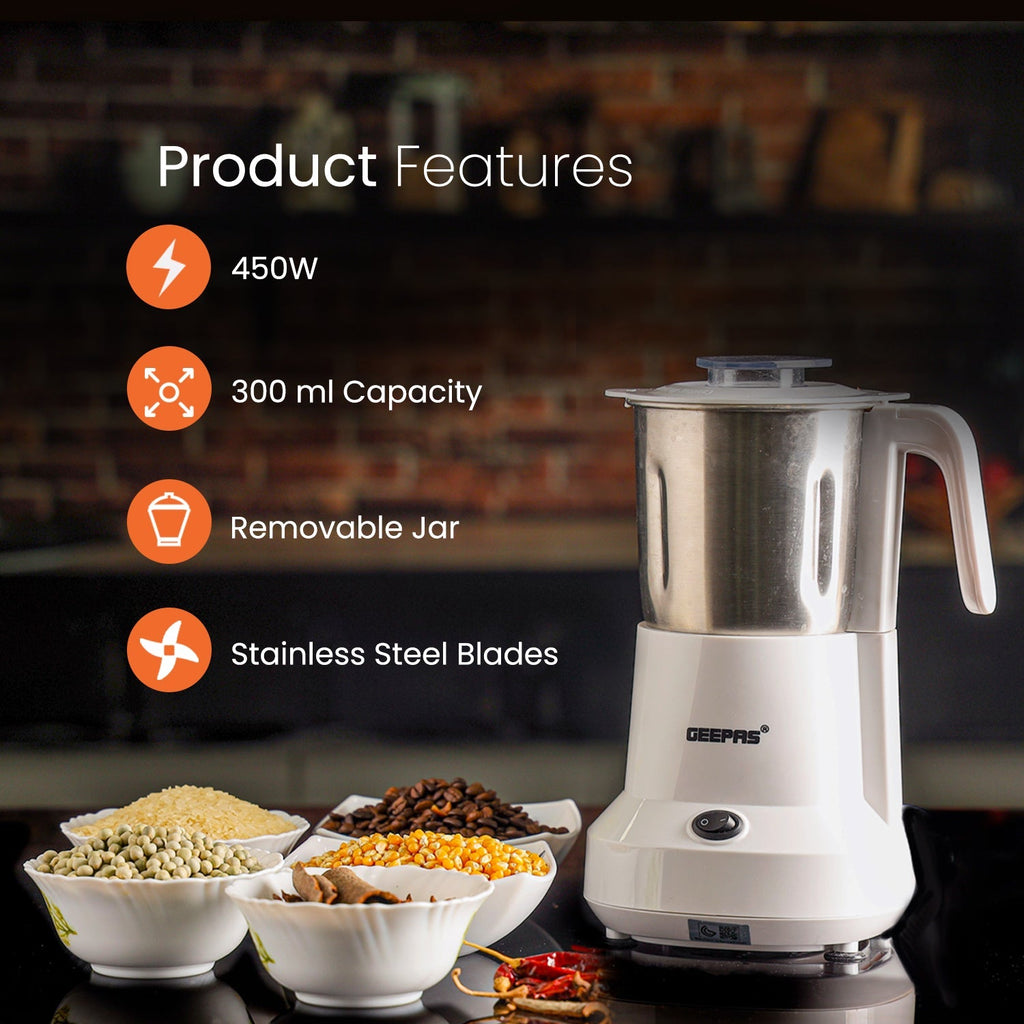 Geepas Food Processor | 450W | Overheat Protection | Stainless Steel Bowl & Cutting Blade| Pulse Control | Grinder for Spices, Coffee Beans, Nuts & Dried Fruits