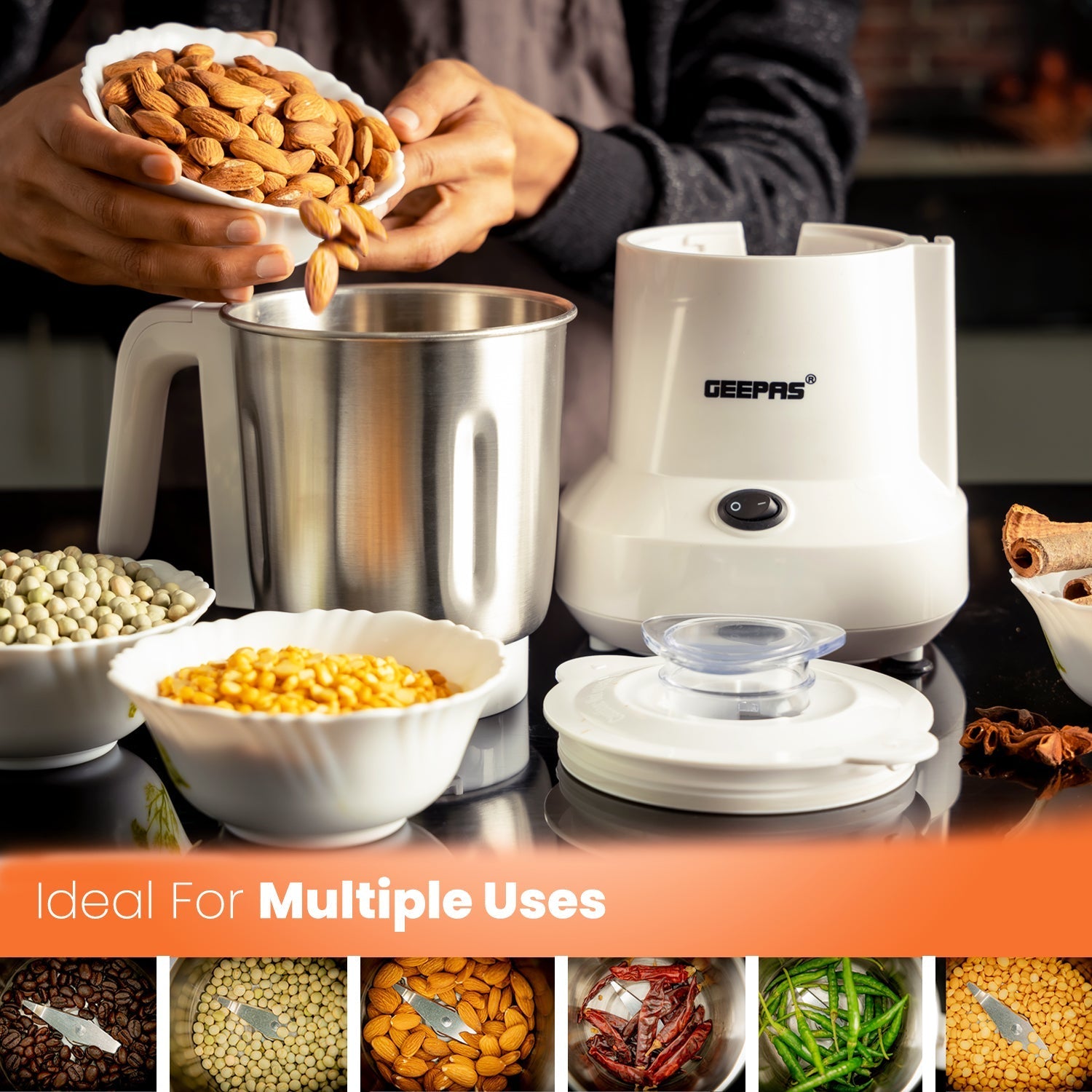 Geepas Food Processor | 450W | Overheat Protection | Stainless Steel Bowl & Cutting Blade| Pulse Control | Grinder for Spices, Coffee Beans, Nuts & Dried Fruits
