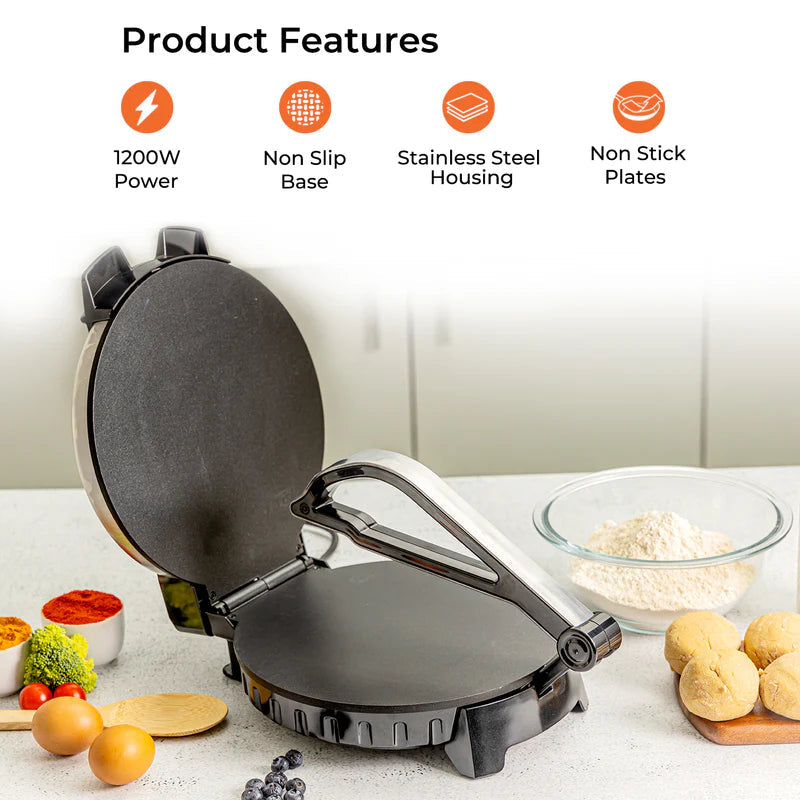 Geepas 10-Inch Chapathi Maker – 1200W Roti Maker, Non-Stick Plates, Automatic Temperature Control, Overheat Protection, Easy to Clean