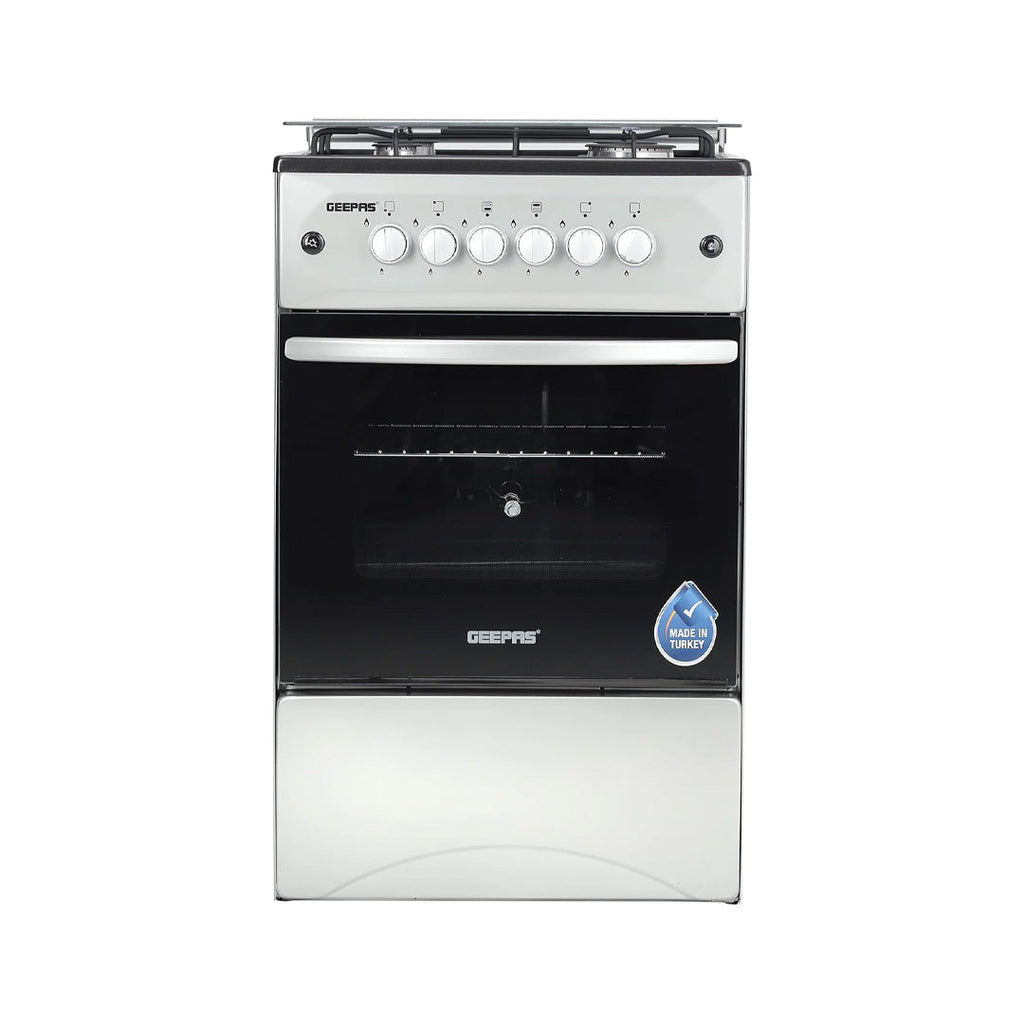 Geepas Standing Cooking Range-Stainless Steel-Classic Series 50x50-4-Burners- Auto Ignition System-Enamel Pan Support