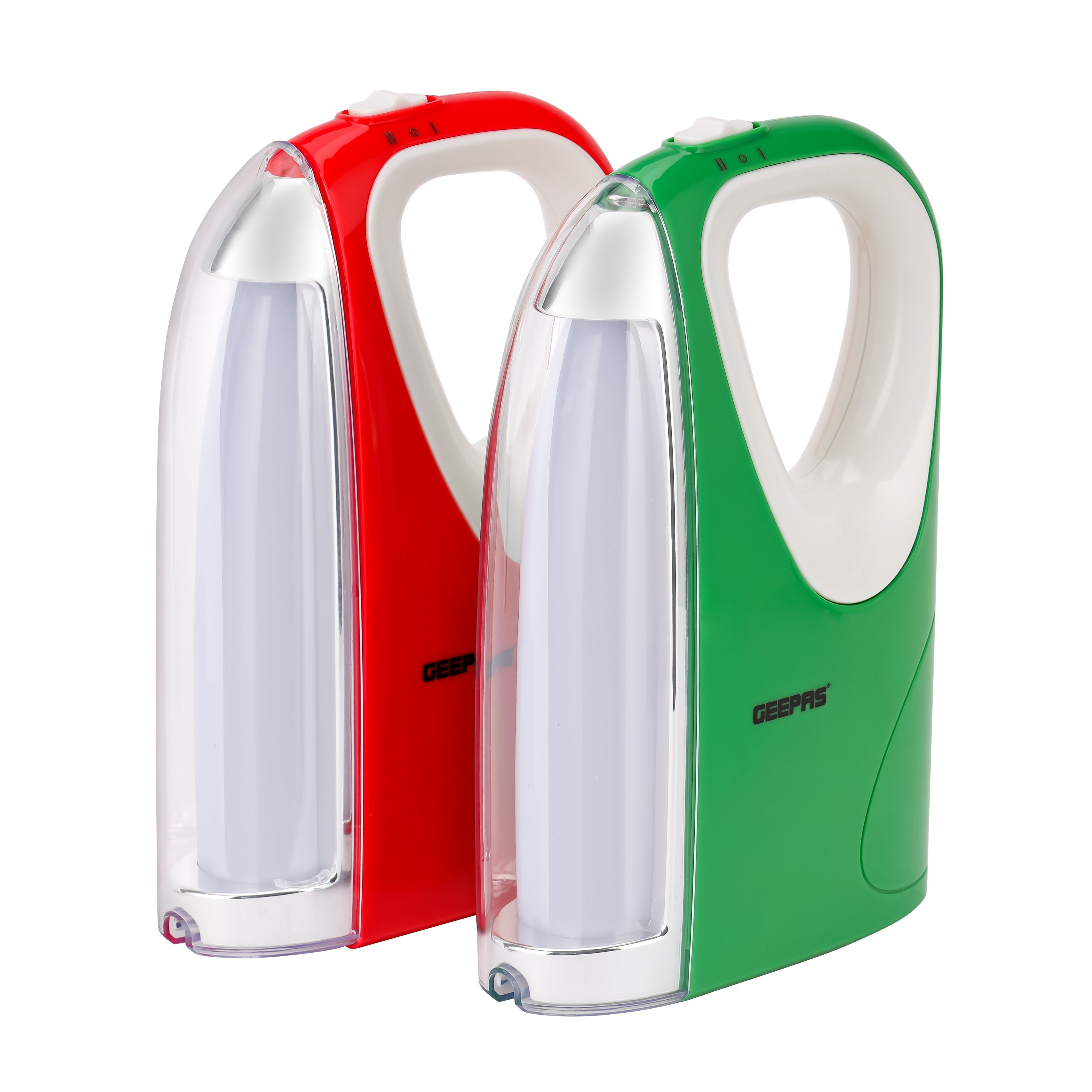 Geepas Rechargeable Emergency Lantern | Pack of 2, Extended Battery Life, 60 Pieces SMD LEDs and Long Hours Working| Portable and Light-Weight Design| Red & Green