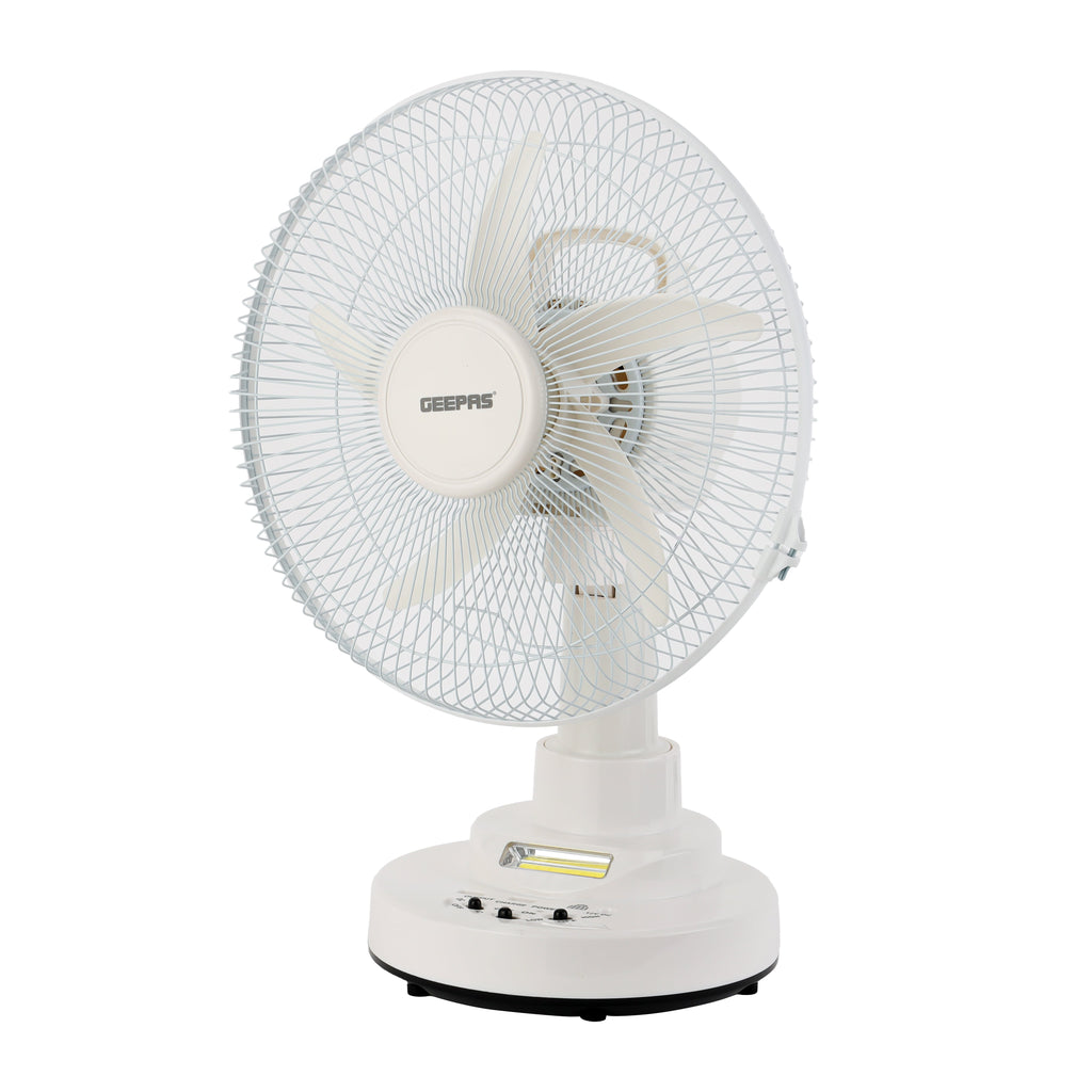 Geepas Rechargeable 12-Inch Oscillating Fan | 3-Speed Control | LED Light | Long Battery Backup | Portable Design for Home & Outdoor Use