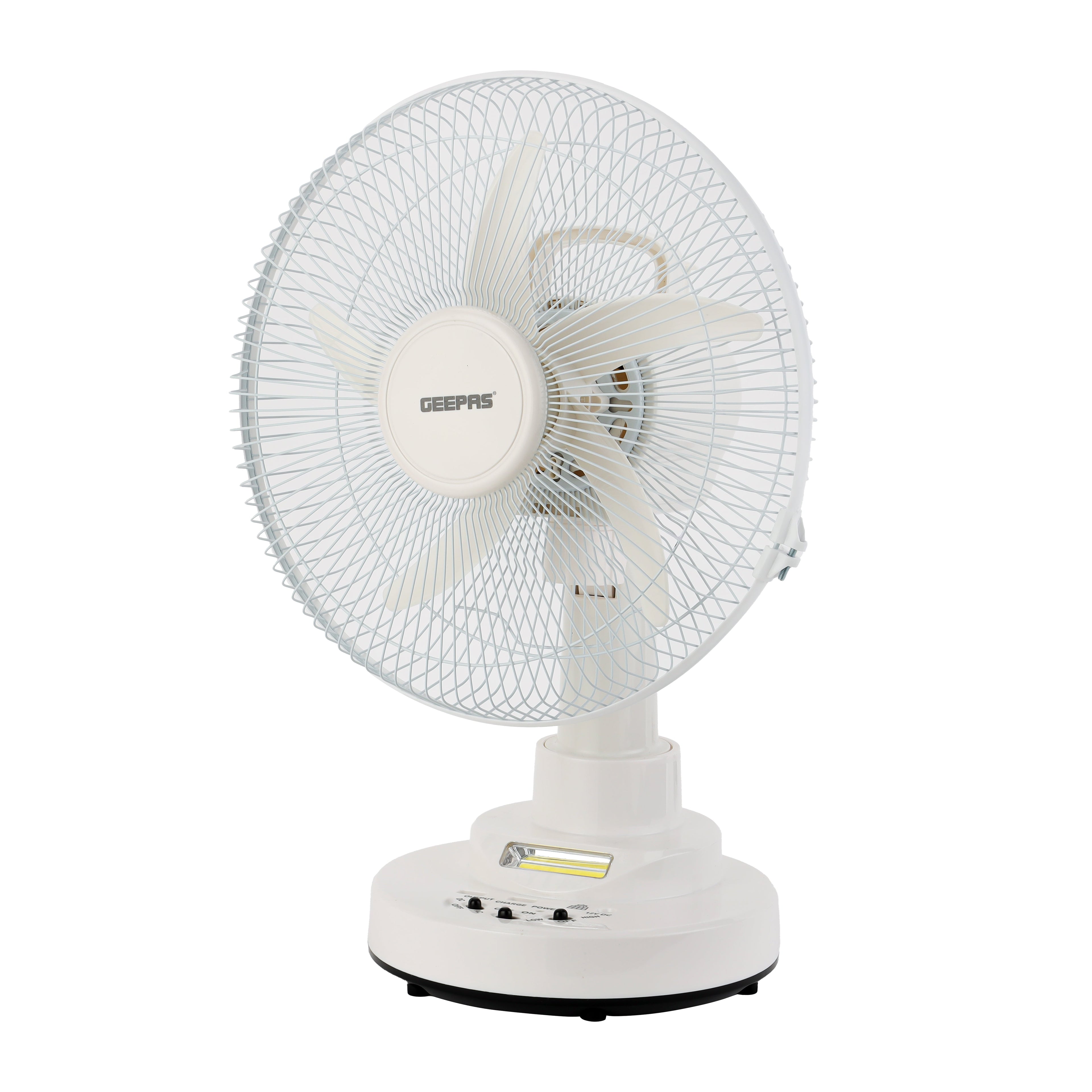 Geepas Rechargeable 12-Inch Oscillating Fan | 3-Speed Control | LED Light | Long Battery Backup | Portable Design for Home & Outdoor Use