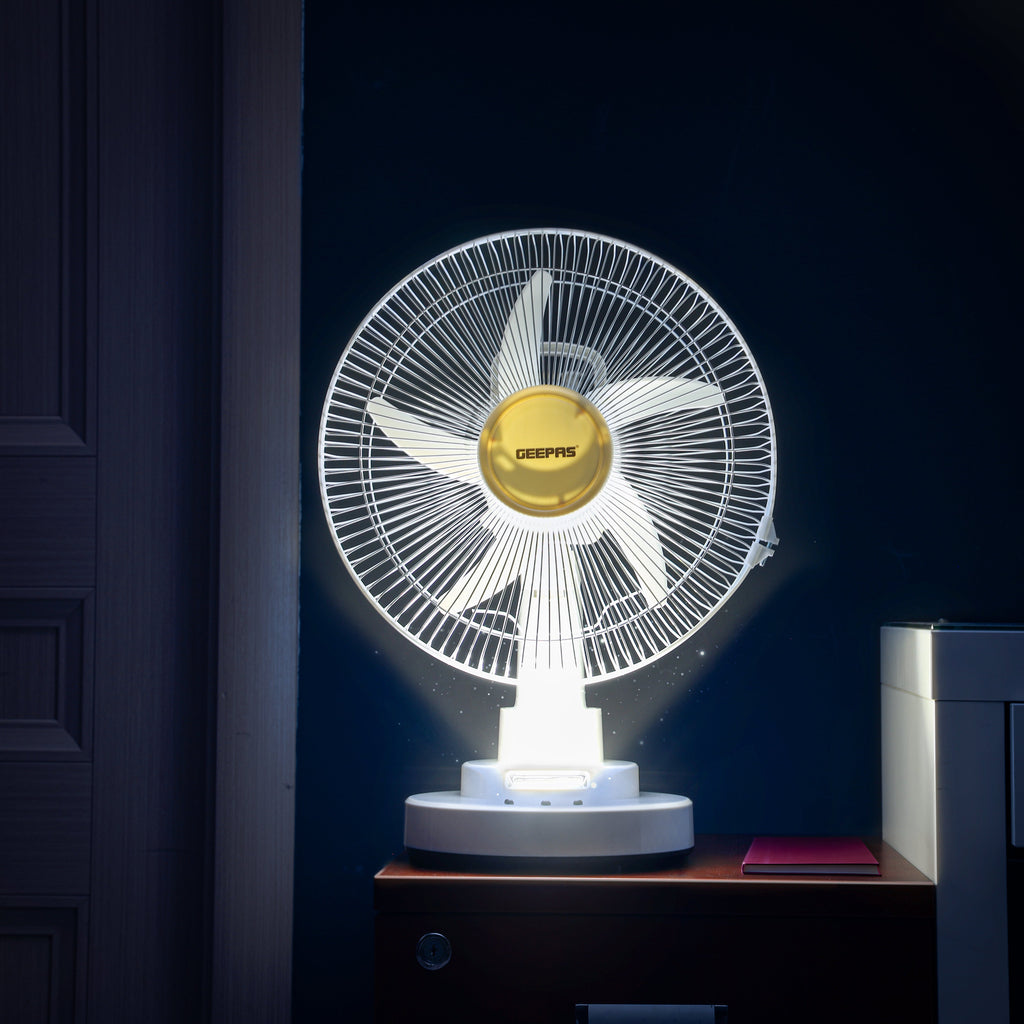 Geepas Rechargeable 12-Inch Oscillating Fan | 3-Speed Control | LED Light | Long Battery Backup | Portable Design for Home & Outdoor Use