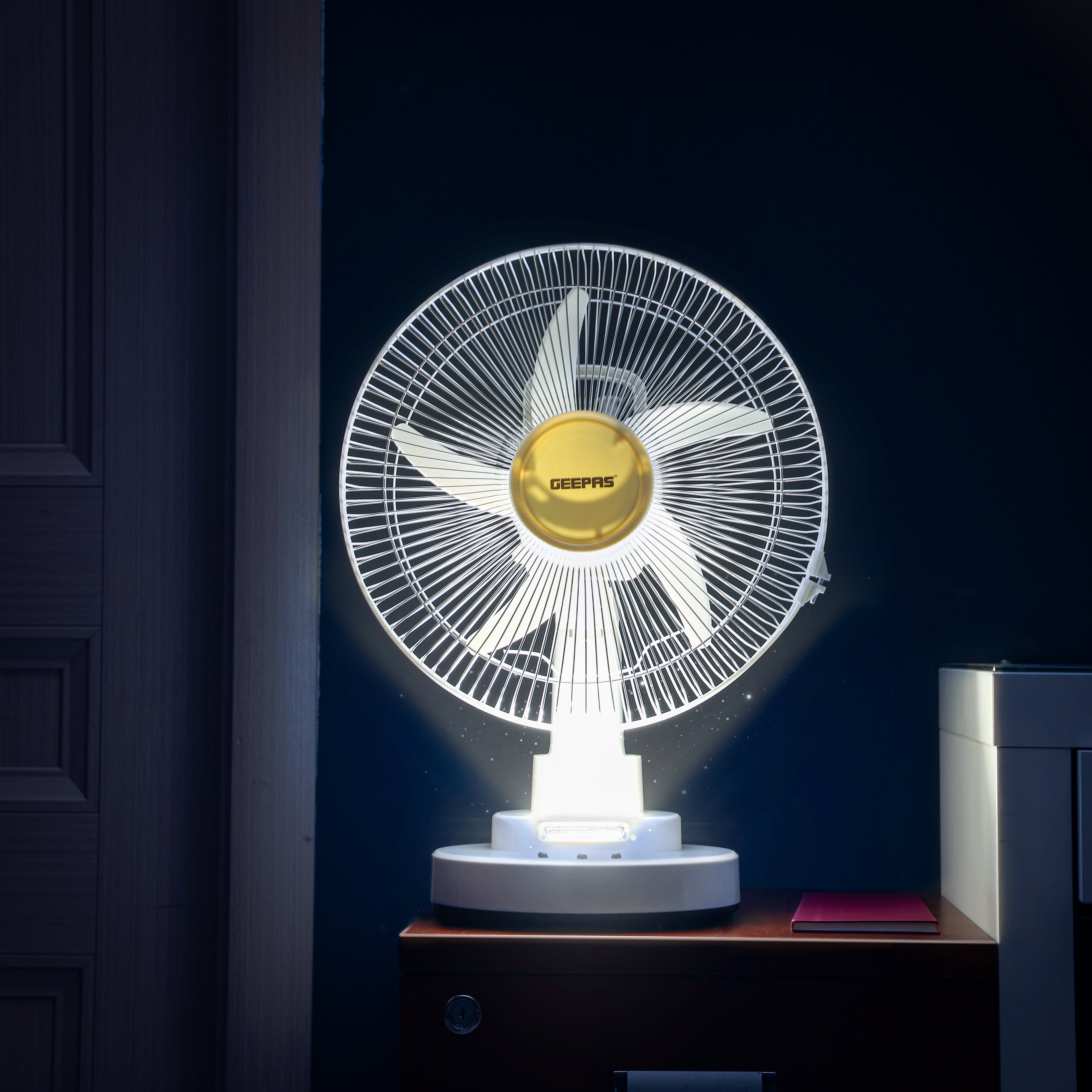 Geepas Rechargeable 12-Inch Oscillating Fan | 3-Speed Control | LED Light | Long Battery Backup | Portable Design for Home & Outdoor Use