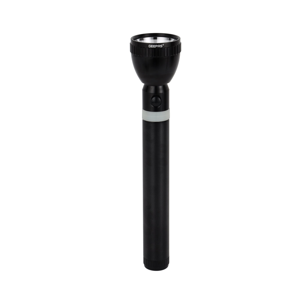 Geepas Rechargeable LED Flashlight-Corrosion, Water, and Shock Resistance, Perfect for Indoor and Outdoor Use, Machined Aircraft-Grade Aluminum Housing with Anodized Finish, 6 Hours Continuous Working, Black