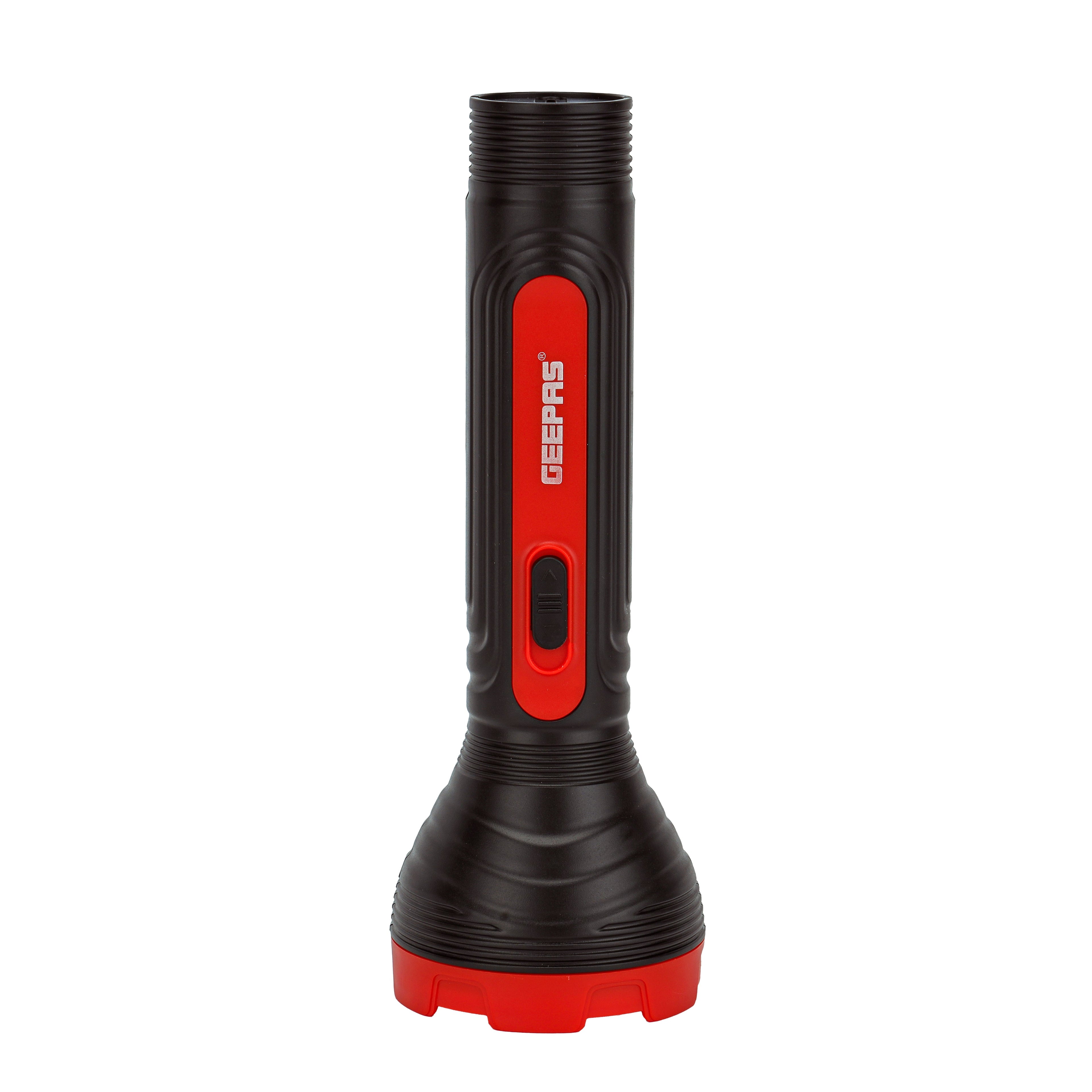 Geepas Rechargeable LED Torch | Big LED Chip with Aluminum Reflective Cup, Ripple Pattern Shell, 5H Backup, Lead-Acid Battery, Compact Design