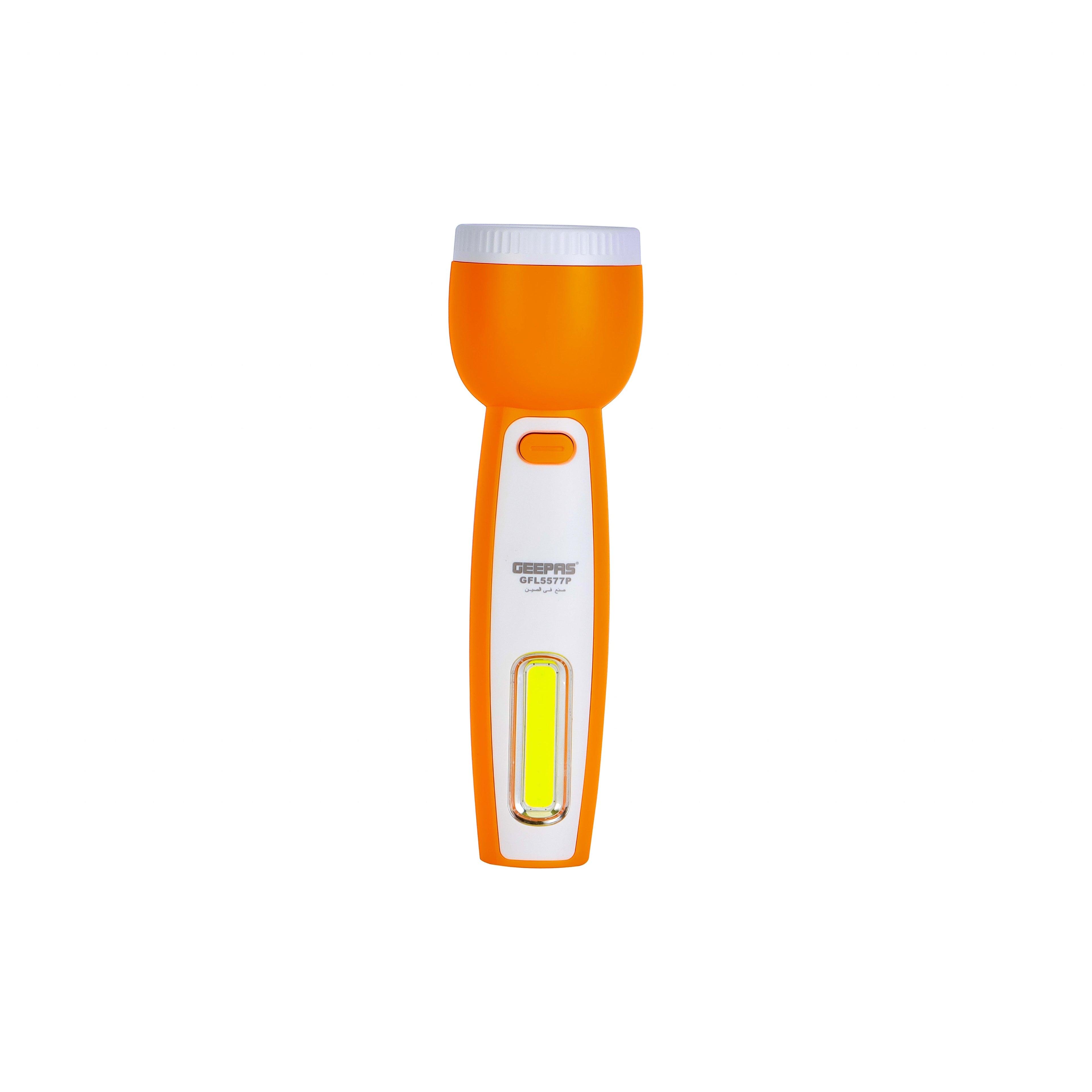 Geepas Rechargeable LED Flashlight with Side Light-Perfect for Indoor and Outdoor Use, 5 Hours Working/Dual Modes, Fast Charging/ Orange