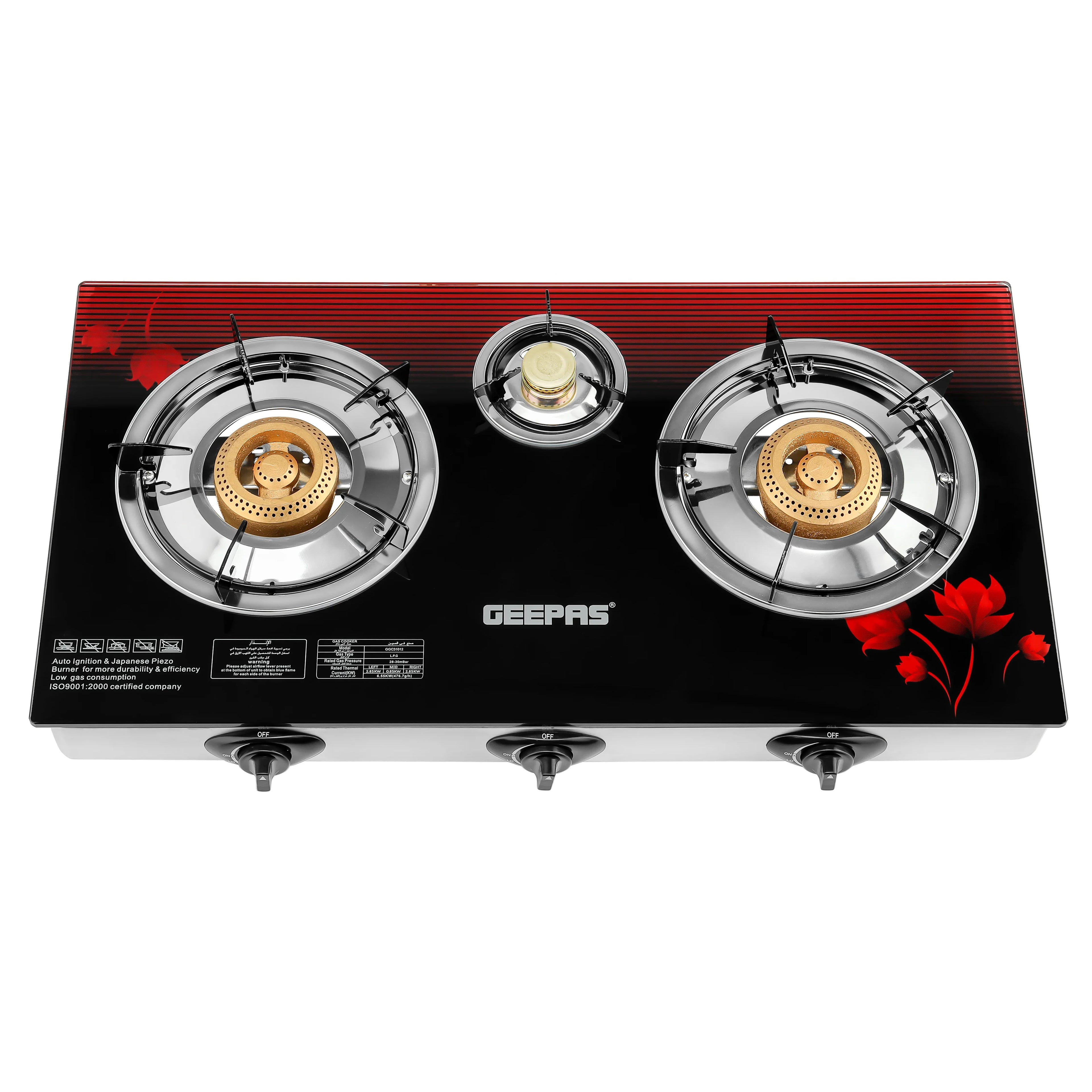 Geepas 3-Burner Gas Cooker GGC31012 â€“ Stainless Steel, Tempered Glass, Auto Ignition