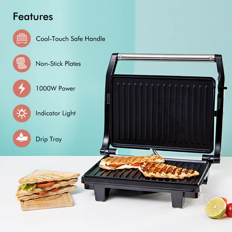 Geepas Stainless Steel Grill Maker – 1600W, Non-Stick Plates, Adjustable Temperature