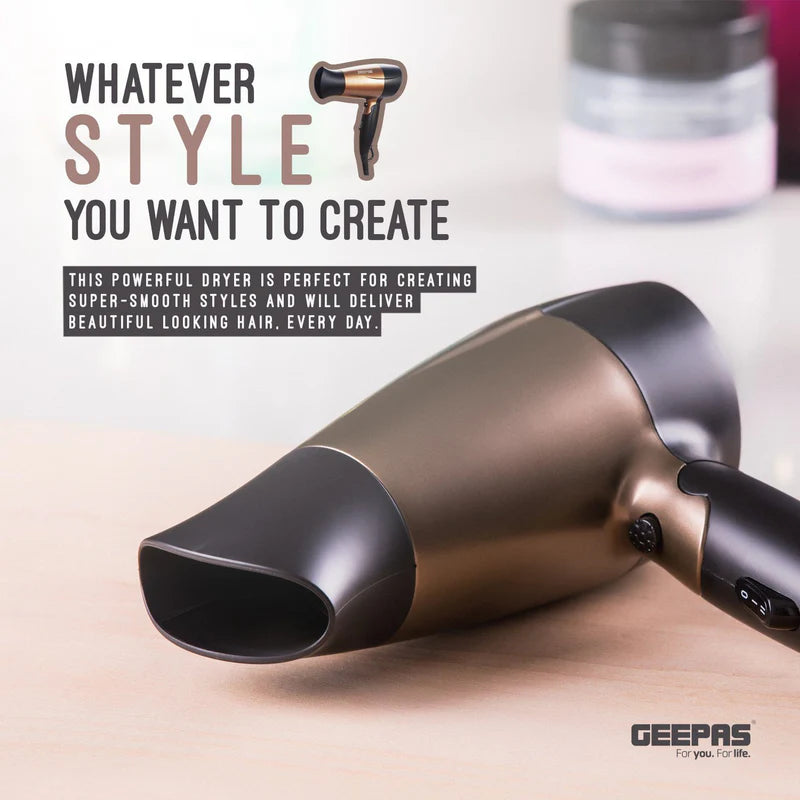 Geepas Mini Travel Hair Dryer â?? 1600W | 2 Speeds, 2 Heat Settings | Foldable