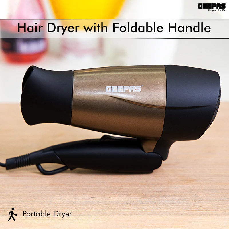 Geepas Mini Travel Hair Dryer â€“ 1600W | 2 Speeds, 2 Heat Settings | Foldable