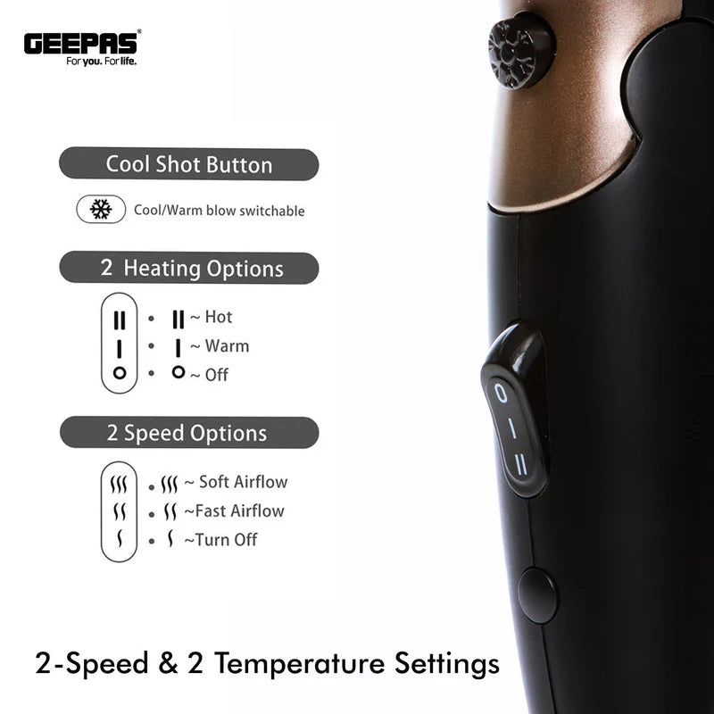Geepas Mini Travel Hair Dryer â?? 1600W | 2 Speeds, 2 Heat Settings | Foldable