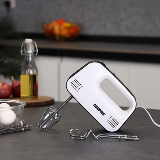 Geepas Hand Mixer â?? 150W, 3 Speeds, Eject Button & Overheat Protection, Includes Beaters & Hooks, Black & White
