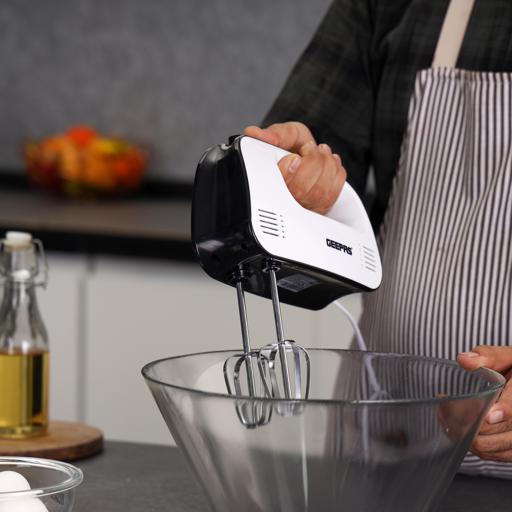Geepas Hand Mixer â?? 150W, 3 Speeds, Eject Button & Overheat Protection, Includes Beaters & Hooks, Black & White