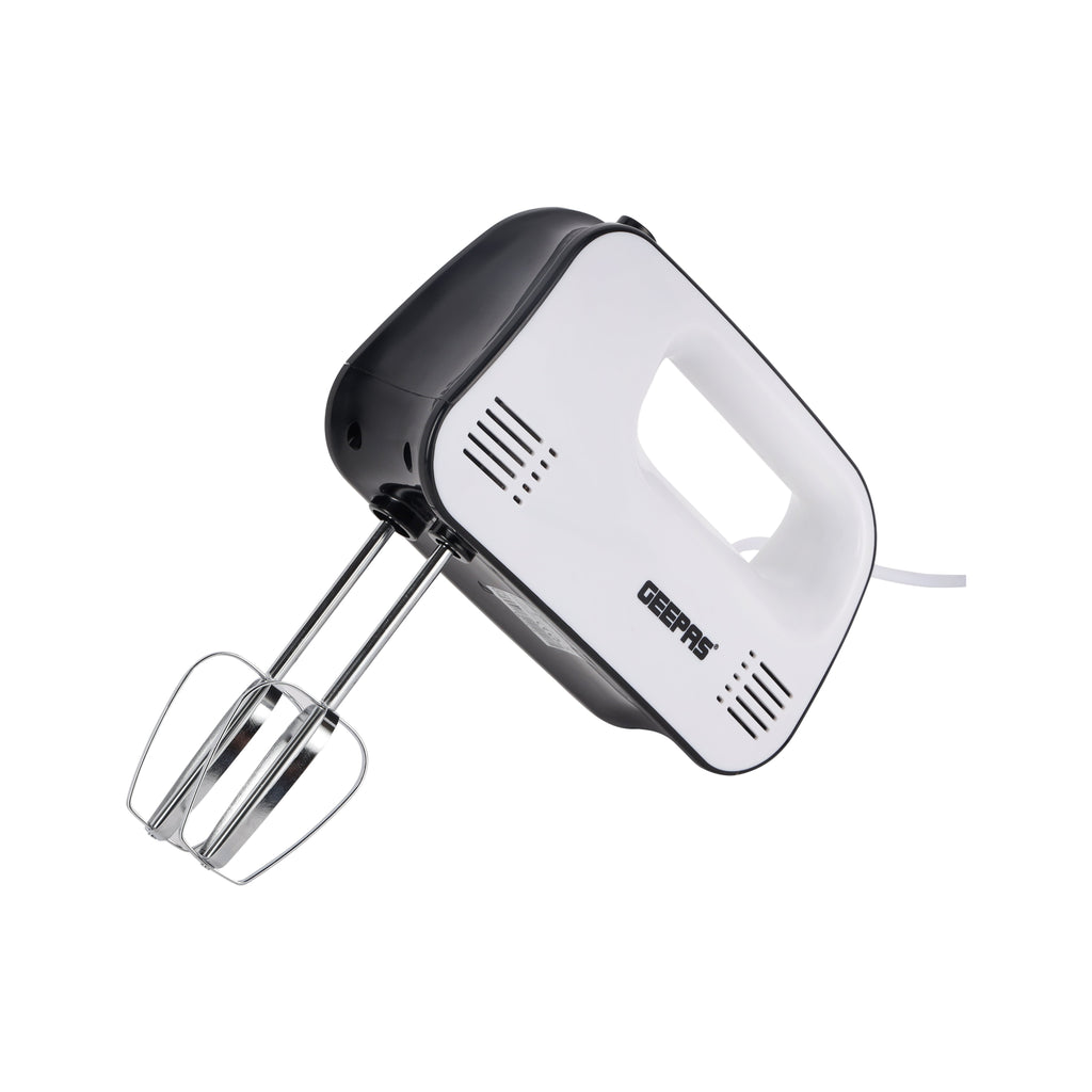 Geepas Hand Mixer â?? 150W, 3 Speeds, Eject Button & Overheat Protection, Includes Beaters & Hooks, Black & White