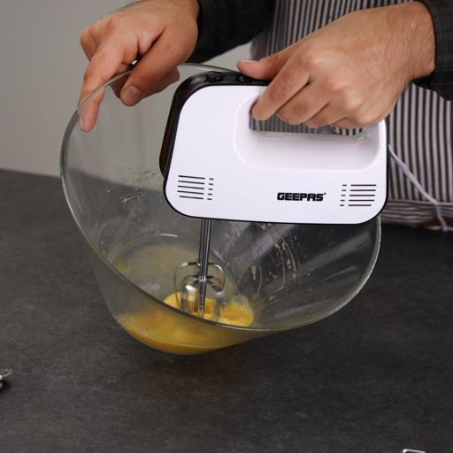 Geepas Hand Mixer â?? 150W, 3 Speeds, Eject Button & Overheat Protection, Includes Beaters & Hooks, Black & White