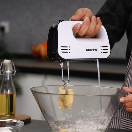 Geepas Hand Mixer â?? 150W, 3 Speeds, Eject Button & Overheat Protection, Includes Beaters & Hooks, Black & White