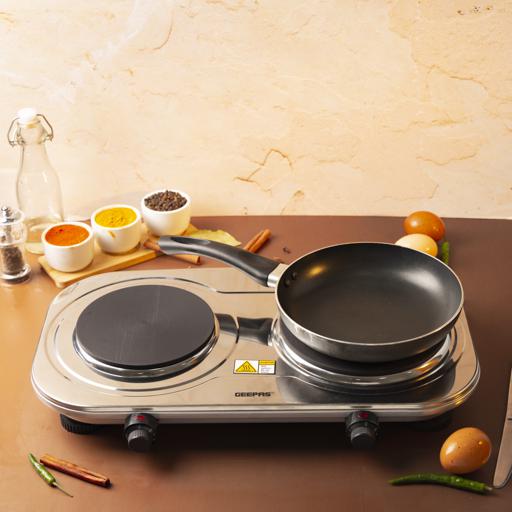 Geepas Double Hot Plate â?? 2500W, Dual Solid Plates, Adjustable Temp, Auto Thermostat, Overheat Protection