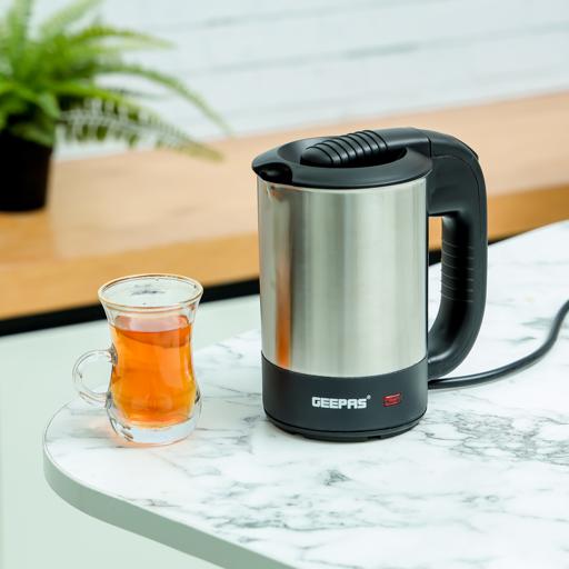 Geepas Stainless Steel Travel Kettle 0.5L | 1100W Compact Electric Kettle| Stainless Steel Housing | Fast Boil | Auto Shut-Off | Boil Dry Protection