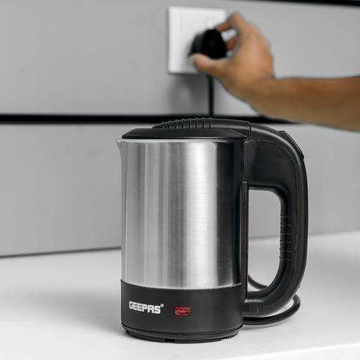 Geepas Stainless Steel Travel Kettle 0.5L | 1100W Compact Electric Kettle| Stainless Steel Housing | Fast Boil | Auto Shut-Off | Boil Dry Protection