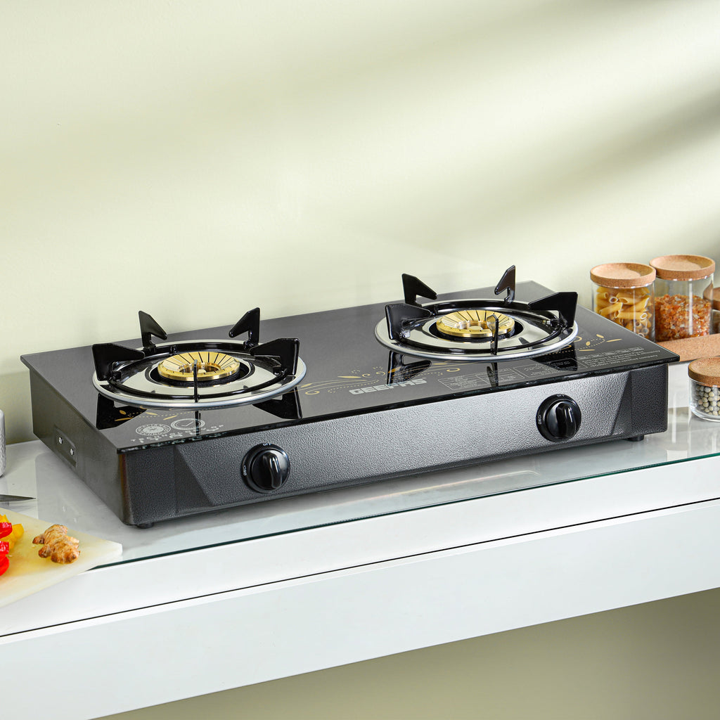 Geepas 2-Burner Gas Cooker â€“ Brass Burners, Tempered Glass, Auto Ignition, Stainless Steel