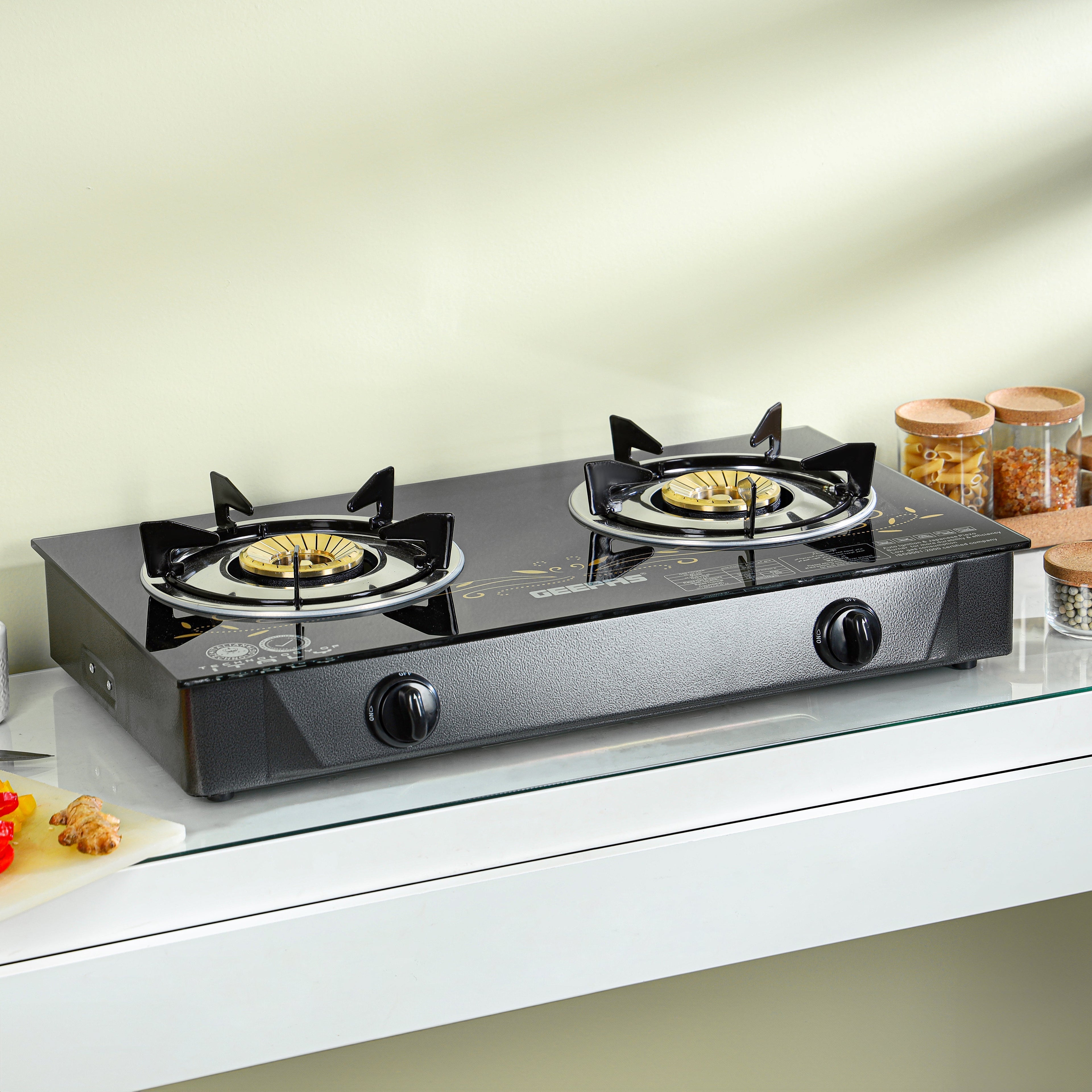 Geepas 2-Burner Gas Cooker â€“ Brass Burners, Tempered Glass, Auto Ignition, Stainless Steel