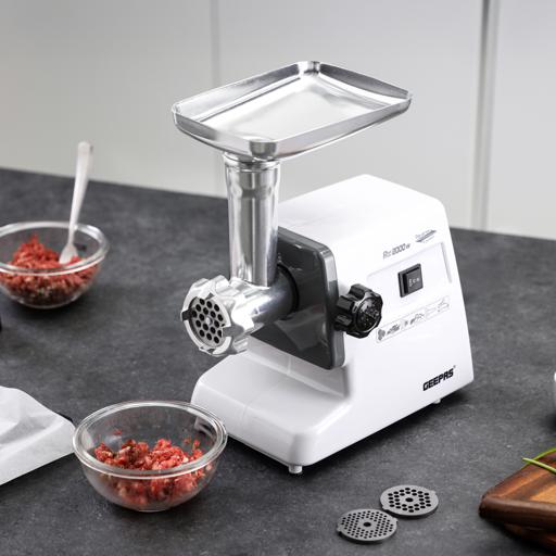Geepas Electric Meat Grinder | 2000W Full Copper Motor| Reverse Function| Multi-Function | Stainless Steel Blade| Convenient Metal Cutting Plates| Metal Gears