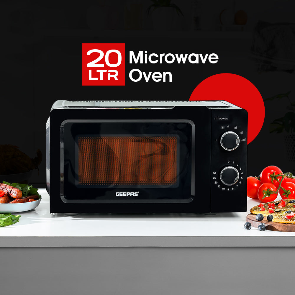 Geepas 20L Microwave Oven | Stylish & Efficient Microwave Oven | Multiple Power Levels| Defrost & Timer Function| Compact Design| Easy Operation
