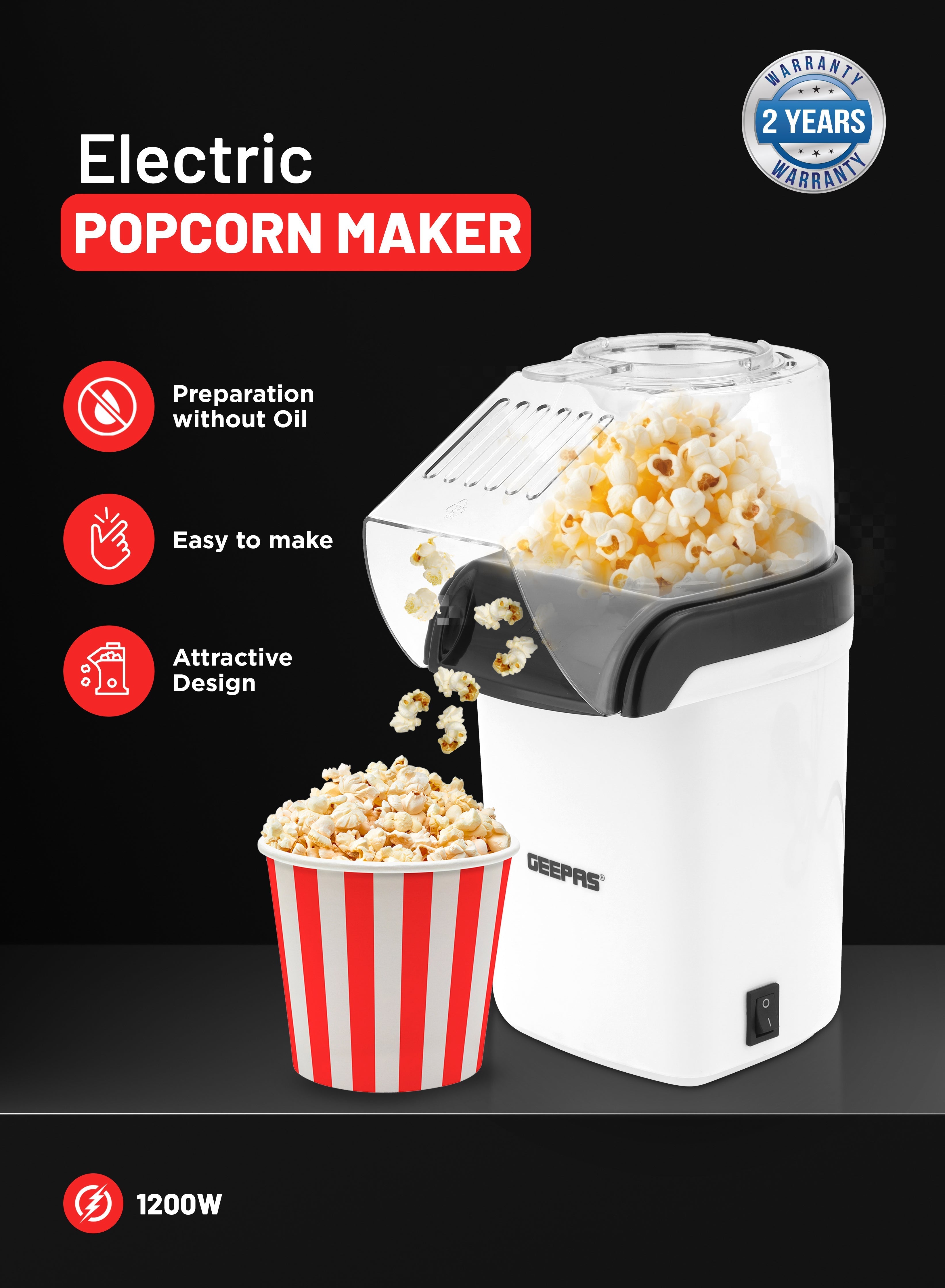 Geepas Popcorn Maker | 1200W Hot Air Popcorn Machine | Large Capacity| Oil-Free Preparation| Easy One-Touch Operation| Compact & Stylish Design