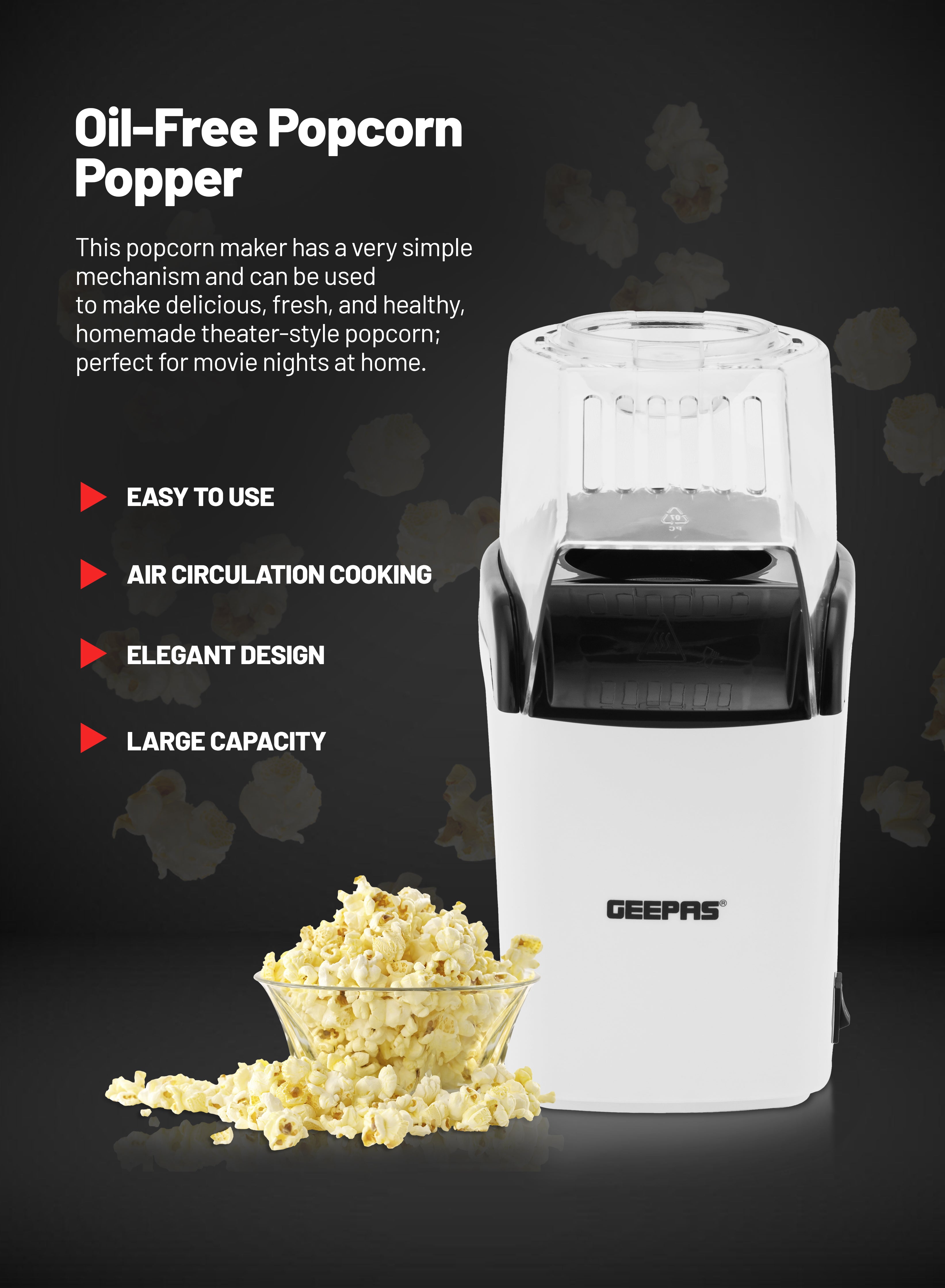 Geepas Popcorn Maker | 1200W Hot Air Popcorn Machine | Large Capacity| Oil-Free Preparation| Easy One-Touch Operation| Compact & Stylish Design