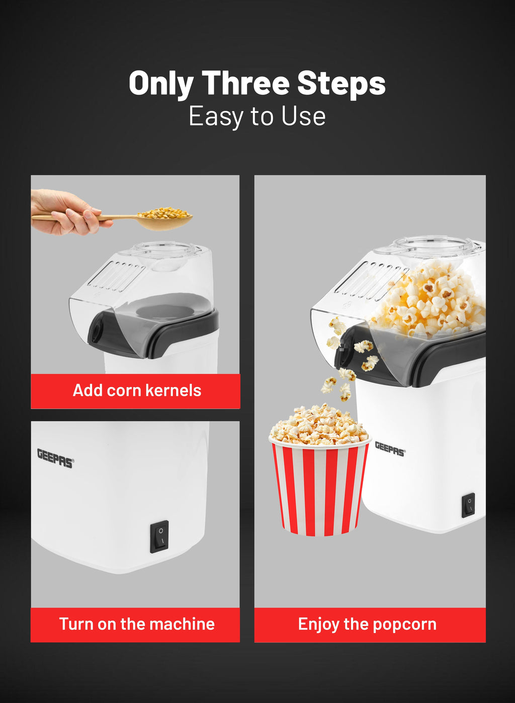 Geepas Popcorn Maker | 1200W Hot Air Popcorn Machine | Large Capacity| Oil-Free Preparation| Easy One-Touch Operation| Compact & Stylish Design