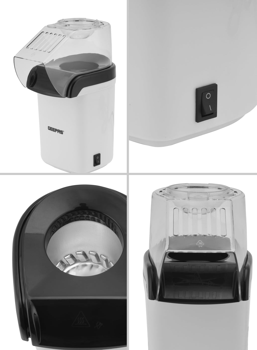Geepas Popcorn Maker | 1200W Hot Air Popcorn Machine | Large Capacity| Oil-Free Preparation| Easy One-Touch Operation| Compact & Stylish Design