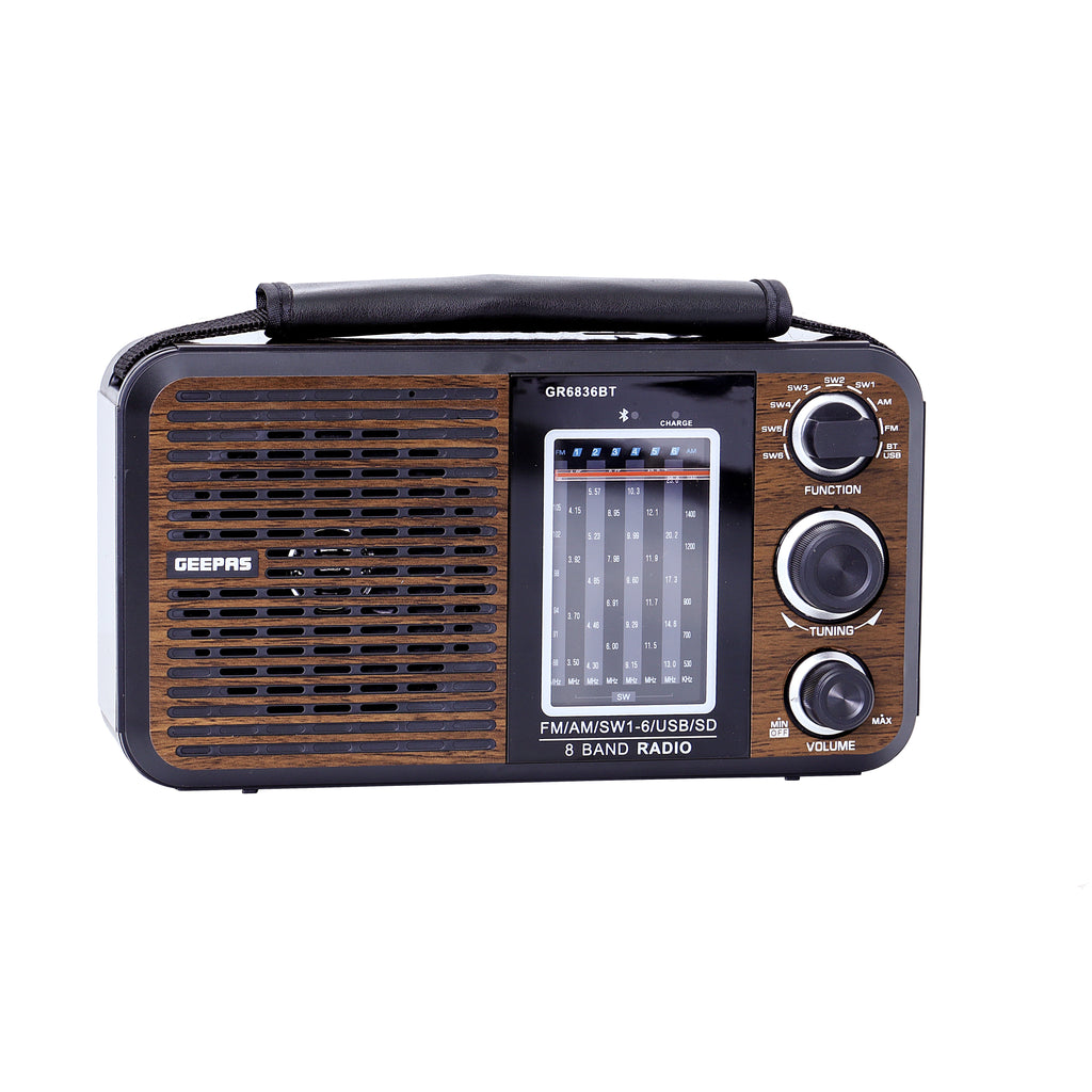 Geepas Rechargeable Radio with BT/USB/SD | 8-Band Music Player | Portable Design | Long Battery Life | FM/AM/SW Support | Rugged Build