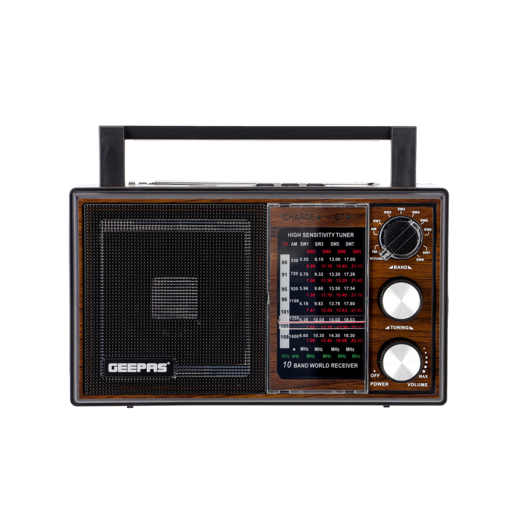 Geepas Rechargeable Radio - BT/USB/SD /TF Music Player | Bluetooth Speaker | Lightweight Portable FM Radio | 10 Band Radio | Stylish Retro Design