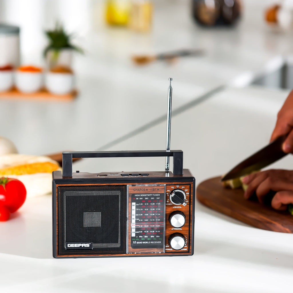 Geepas Rechargeable Radio - BT/USB/SD /TF Music Player | Bluetooth Speaker | Lightweight Portable FM Radio | 10 Band Radio | Stylish Retro Design