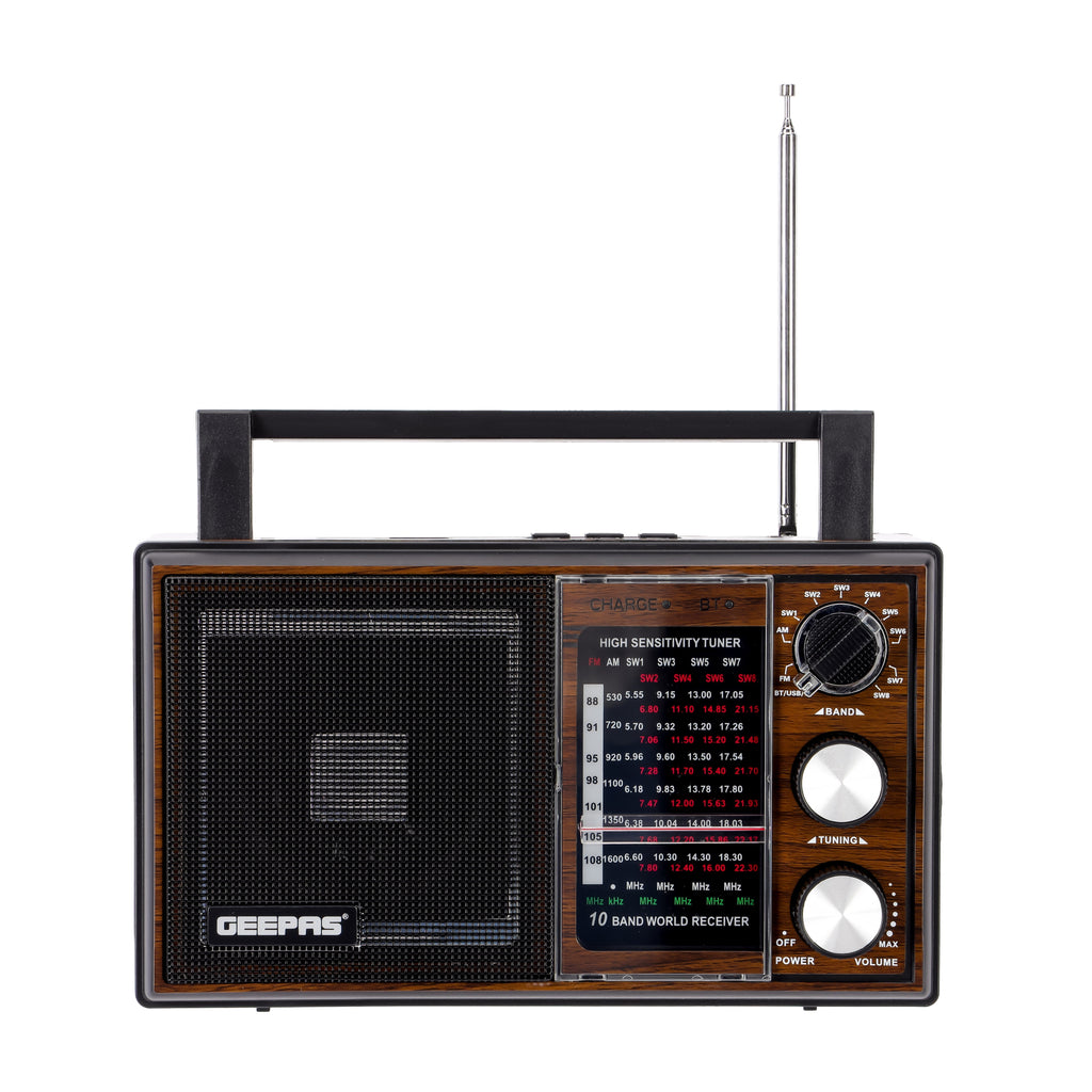 Geepas Rechargeable Radio - BT/USB/SD /TF Music Player | Bluetooth Speaker | Lightweight Portable FM Radio | 10 Band Radio | Stylish Retro Design