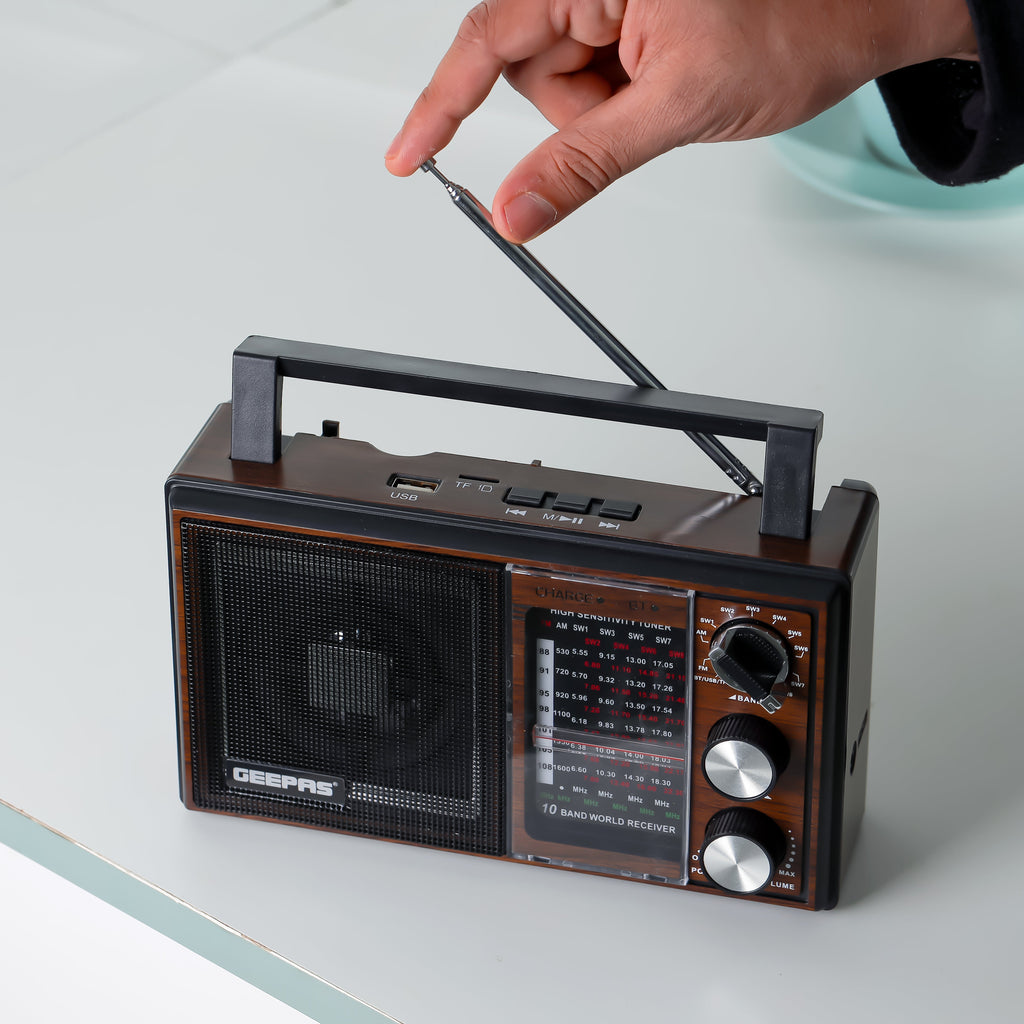 Geepas Rechargeable Radio - BT/USB/SD /TF Music Player | Bluetooth Speaker | Lightweight Portable FM Radio | 10 Band Radio | Stylish Retro Design