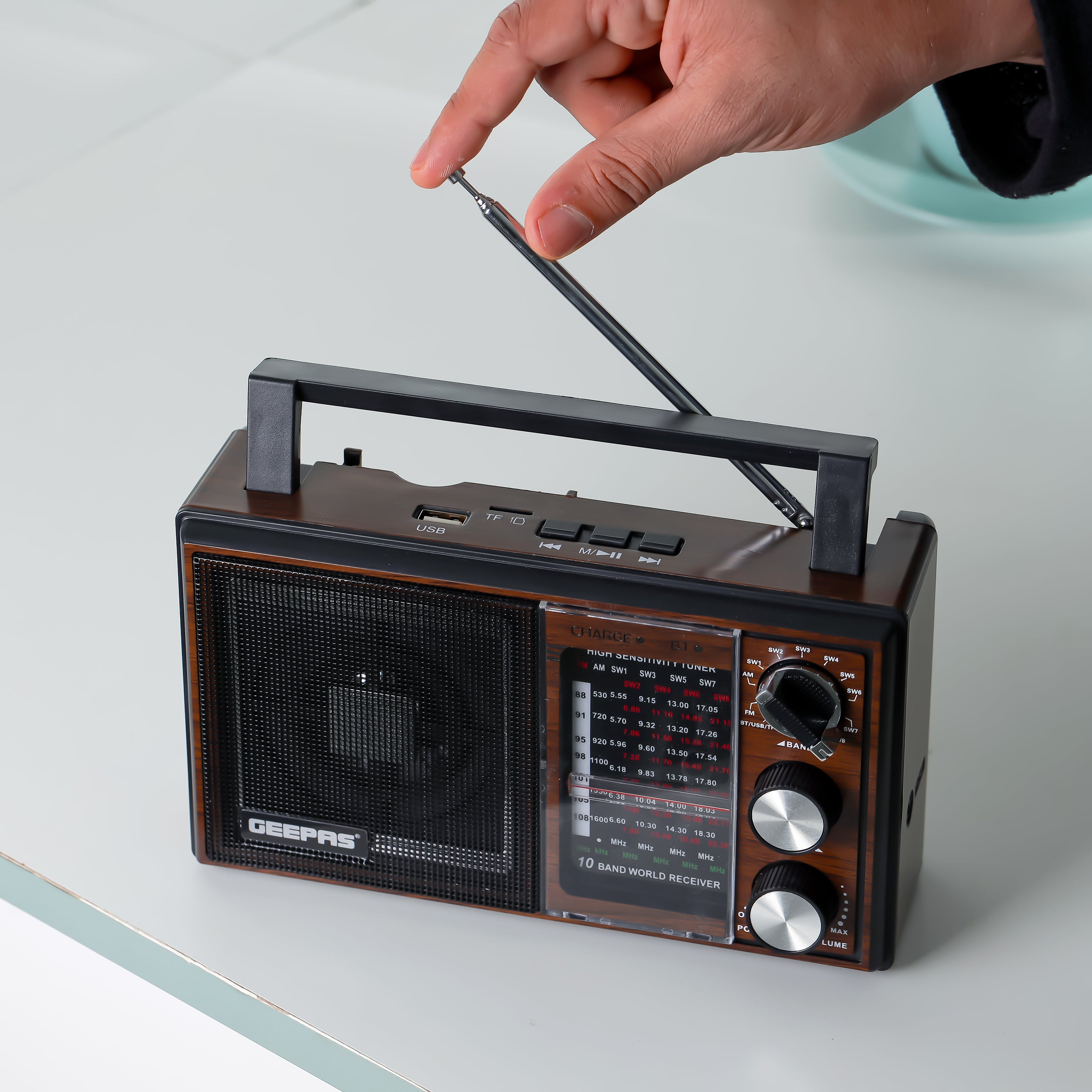 Geepas Rechargeable Radio - BT/USB/SD /TF Music Player | Bluetooth Speaker | Lightweight Portable FM Radio | 10 Band Radio | Stylish Retro Design