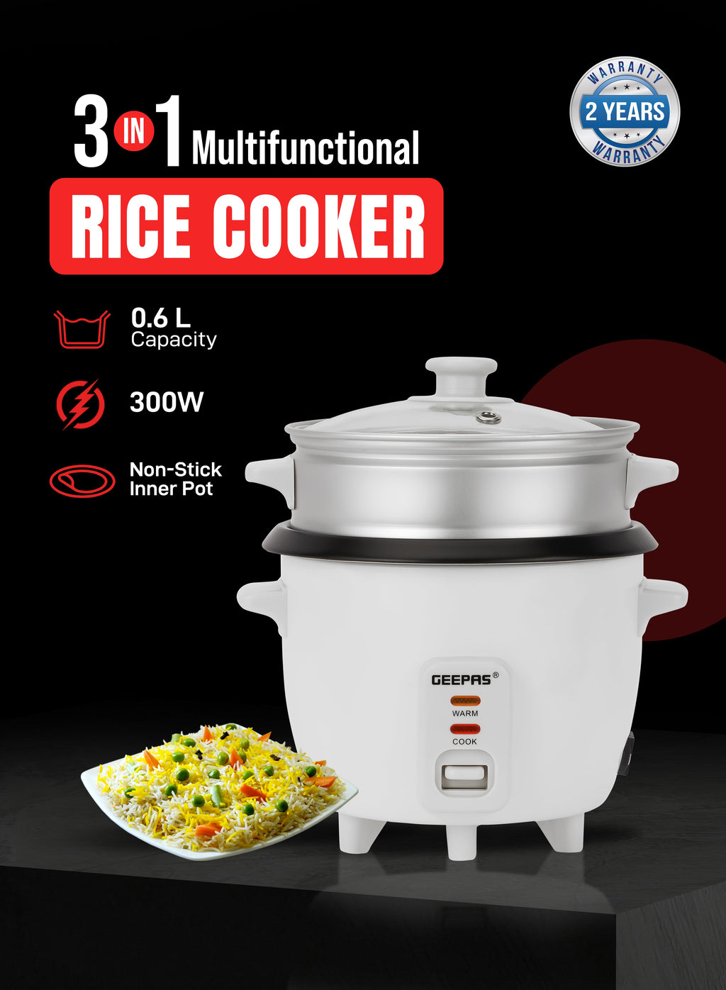 Geepas Multifunction Rice Cooker | 0.6L Compact Capacity