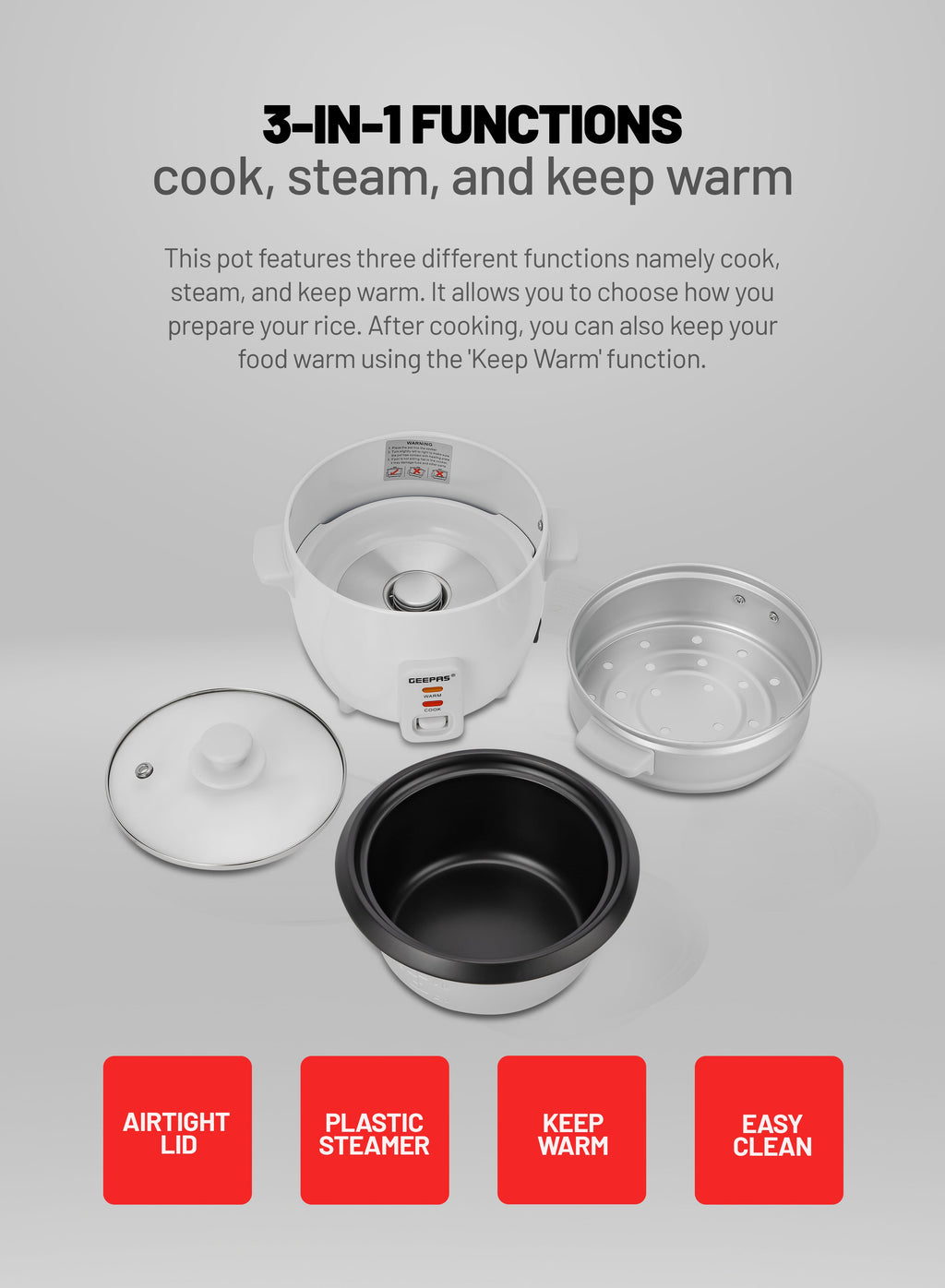 Geepas Multifunction Rice Cooker | 0.6L Compact Capacity