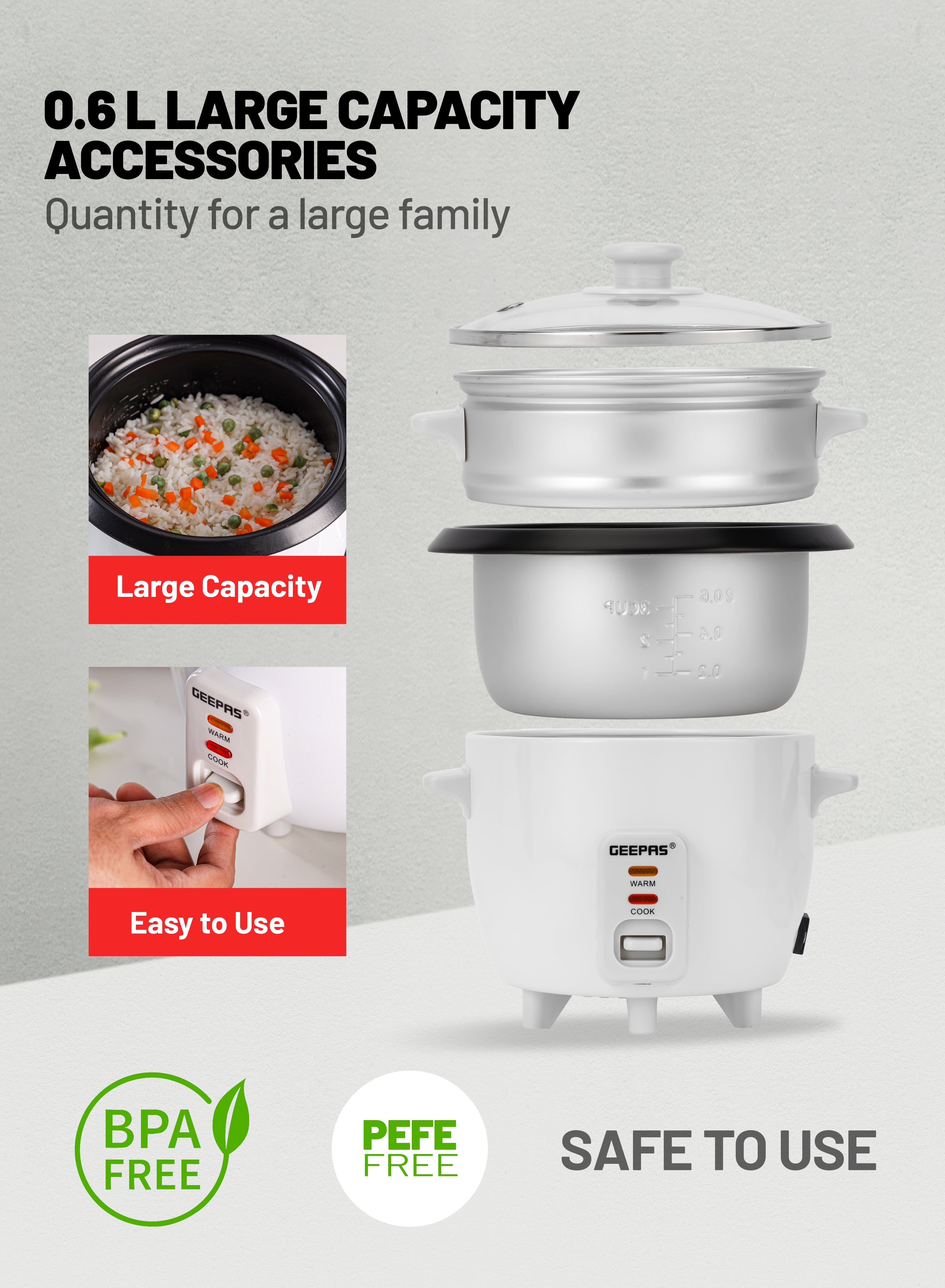 Geepas Multifunction Rice Cooker | 0.6L Compact Capacity