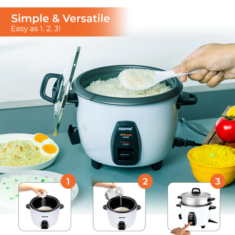 Geepas Multi-Function Rice Cooker | 1L Capacity| Perfect for Cooking, Steaming & Keeping Food Warm | Energy Efficient & Easy to Clean Design