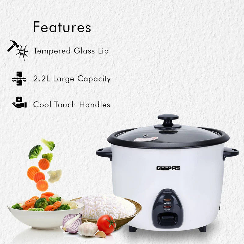 Geepas Automatic Rice Cooker | 2.2L Capacity | 3-in-1 Function â?? Cook, Steam & Keep Warm | Non-Stick Inner Pot, Easy to Clean & Durable Design