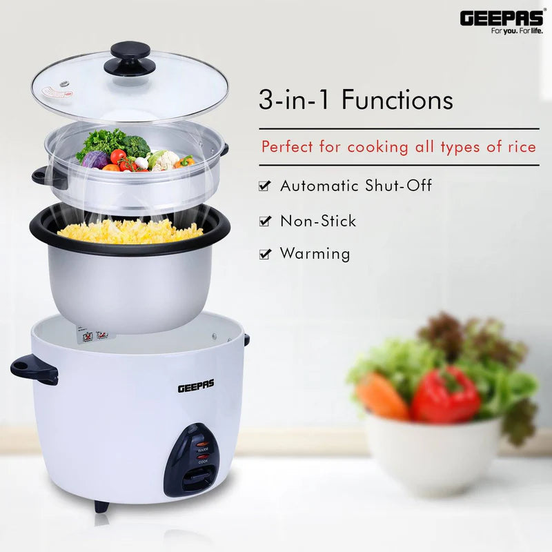 Geepas Automatic Rice Cooker | 2.2L Capacity | 3-in-1 Function â?? Cook, Steam & Keep Warm | Non-Stick Inner Pot, Easy to Clean & Durable Design