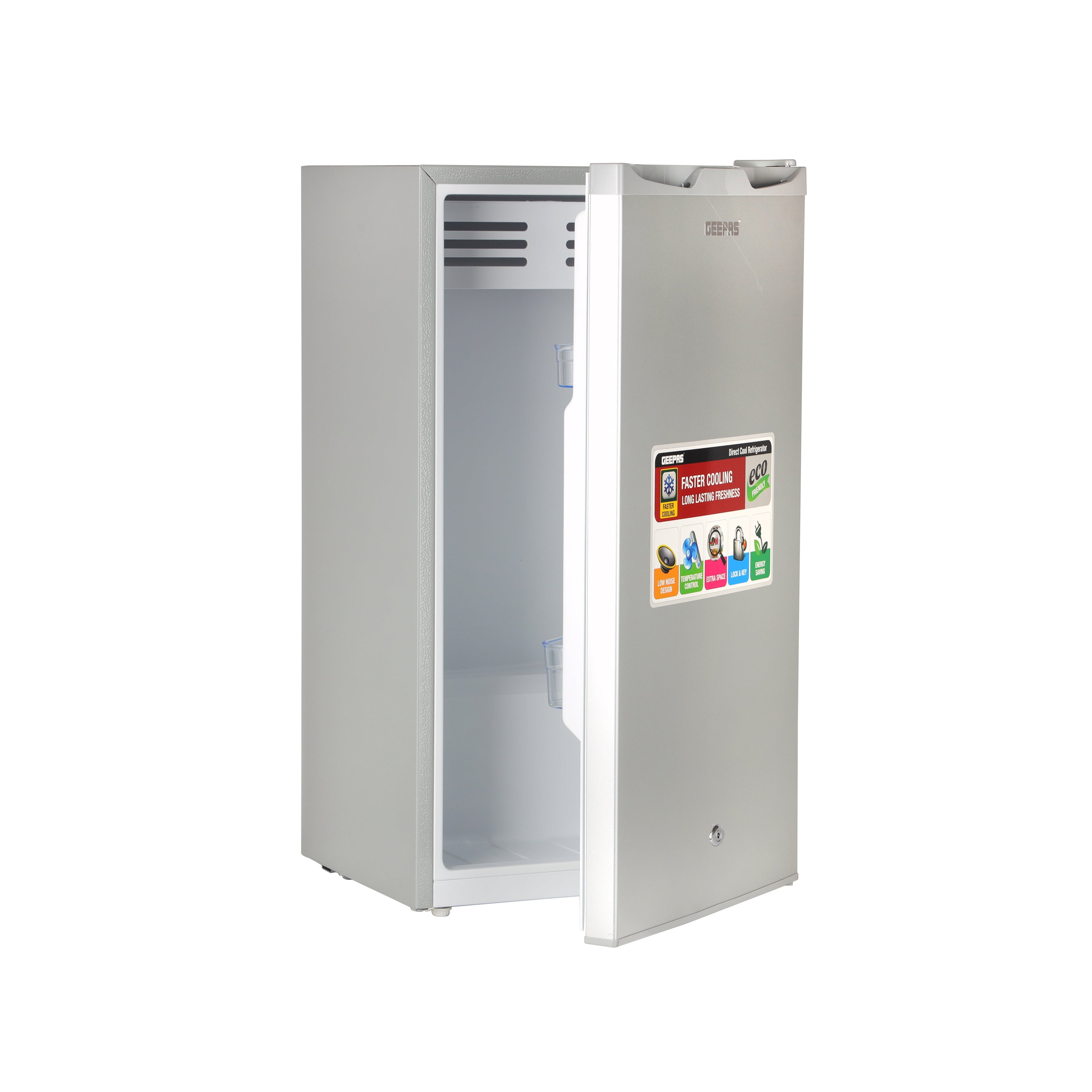 Geepas Single Door Refrigerator - Quick Cooling with Temperature Control/ Tempered Glass Shelves, Transparent Door Basket