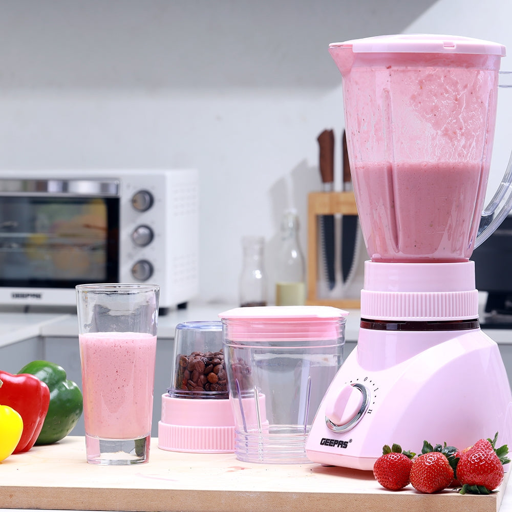 Geepas 3-in-1 Blender, 1.6L Blender Jar Mixer Grinder | 400W Grinder with Dry Mill & Mincer Attachments | 2 Speed with Pulse Function | Wet Jar, Dry Jar and Chutney Jar