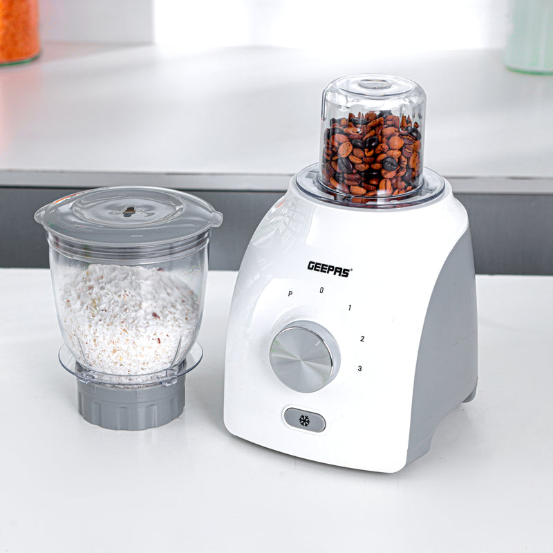 Geepas 3-in-1 Blender- 600 W, Powerful Motor with 3 Speed Setting and Pulse/ Transparent Jars with Stainless Steel Blade, Grinder, Chopper Attachment