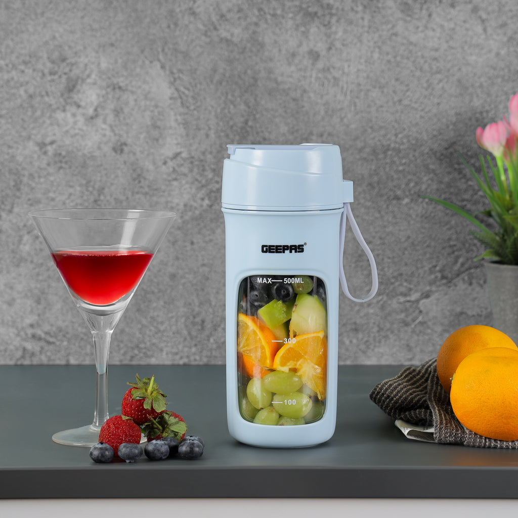 Geepas Rechargeable Portable Blender | 500ml Capacity | 50W | 6 Sharp Stainless Steel Blades | Safety Lock Design | USB Rechargeable Battery